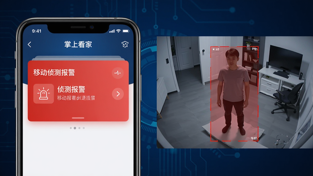 画面分为左右两部分,左侧是手机端“掌上看家”报警通知界面,显示“移动侦测报警”卡片,右侧是监控画面中一个人形被红色框选中的效果。背景为科技感深蓝色,整体布局清晰,风格专业,画质高,干净无多余元素。