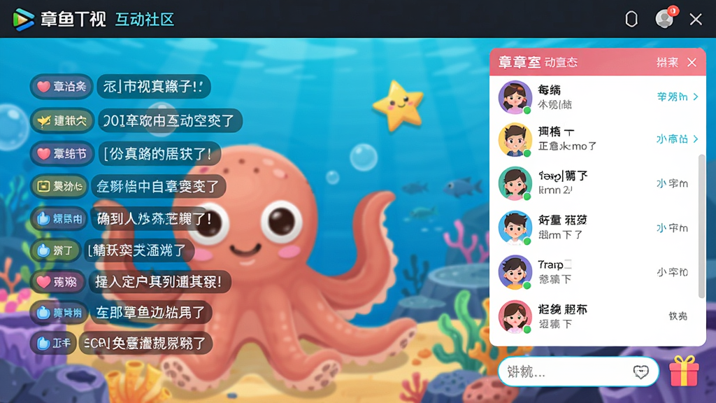 章鱼TV互动社区界面,显示弹幕飘屏效果,聊天室窗口在右侧,用户头像与昵称可见,底部有输入框和礼物图标,整体风格活泼,色彩明亮,画质清晰,干净无多余元素