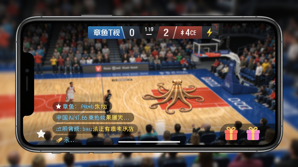 章鱼TV移动端使用场景,手机横屏播放篮球比赛,屏幕上方有比分显示,下方有弹幕与礼物图标,背景为模糊的观众席,画质清晰,色彩明亮,干净无多余元素
