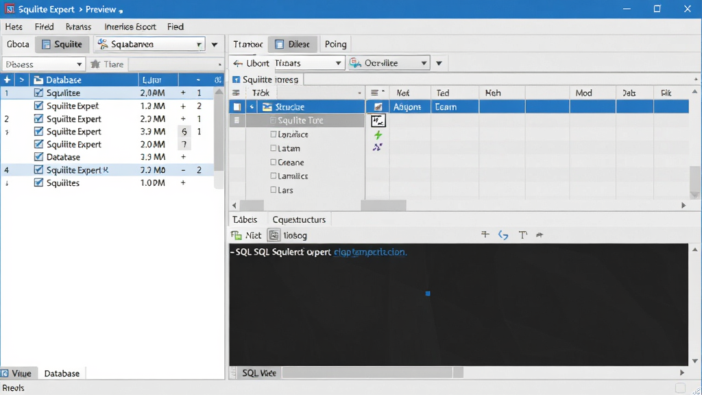 SQLite Expert 软件主界面预览图,展示数据库列表、表结构编辑区域和SQL查询窗口,布局清晰,现代扁平化设计风格,颜色以蓝白为主,界面干净整洁,细节丰富,高分辨率,无多余元素