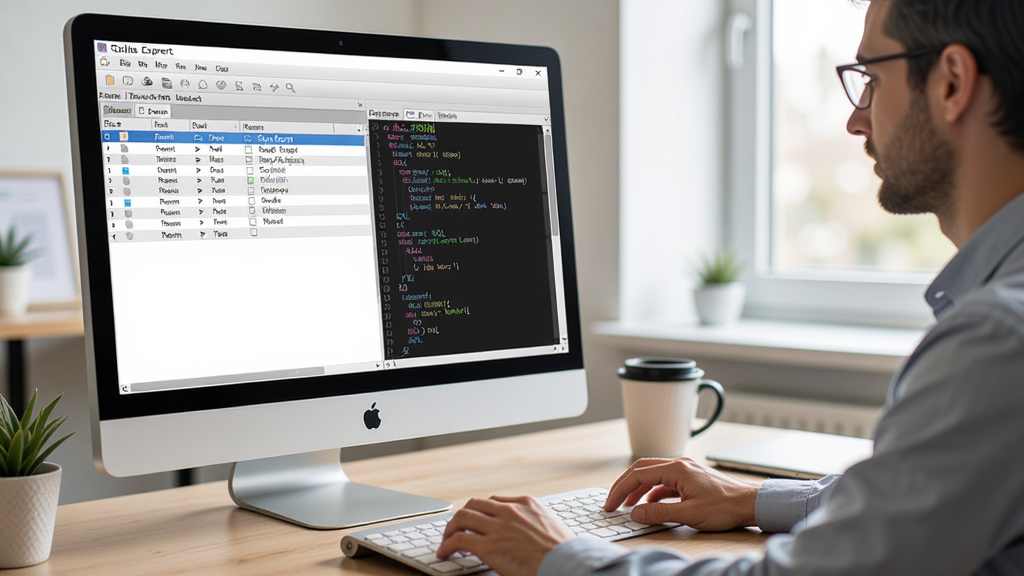 SQLite Expert 使用指南场景图,展示用户正在操作电脑上的数据库管理软件,屏幕上显示表结构和SQL语句,办公环境,自然光,清晰细节,高分辨率,干净无多余元素