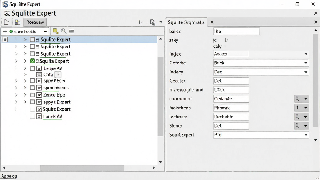SQLite Expert 表设计器功能预览,左侧表字段列表,右侧属性设置面板,展示字段类型、主键、索引等选项,界面清晰,专业工具风格,细节完整,高分辨率,干净无多余元素