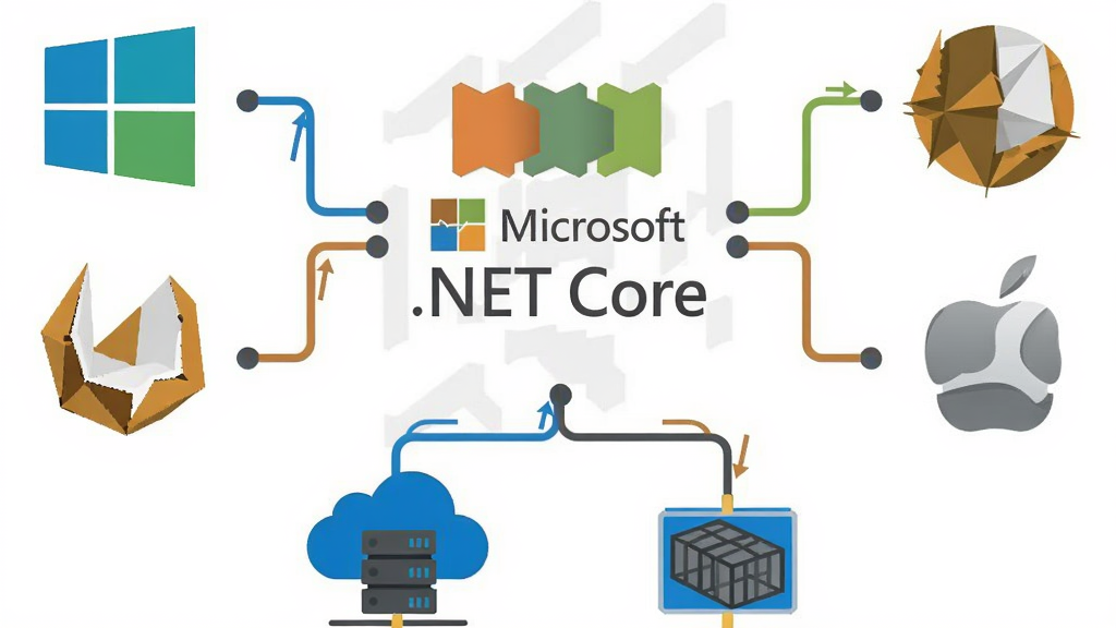 一张展示多平台兼容的示意图,画面中央是“Microsoft .NET Core”标志,左右两侧分别呈现 Windows、Linux、macOS 的图标,底部为云端服务器与容器图标,布局平衡,采用扁平化风格,色彩明亮清晰,细节包括连接线与节点,画质干净无多余元素
