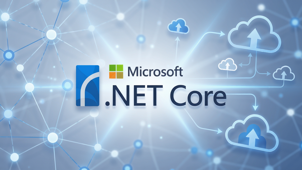 一张现代科技感的产品主视觉图,展示“Microsoft .NET Core”标识,背景为抽象的网络节点与云服务融合图形,主体居中,布局简洁大气,采用蓝色与白色为主色调,风格偏向微软官方设计语言,细节包含微光效与柔和阴影,画质细腻干净,无多余元素