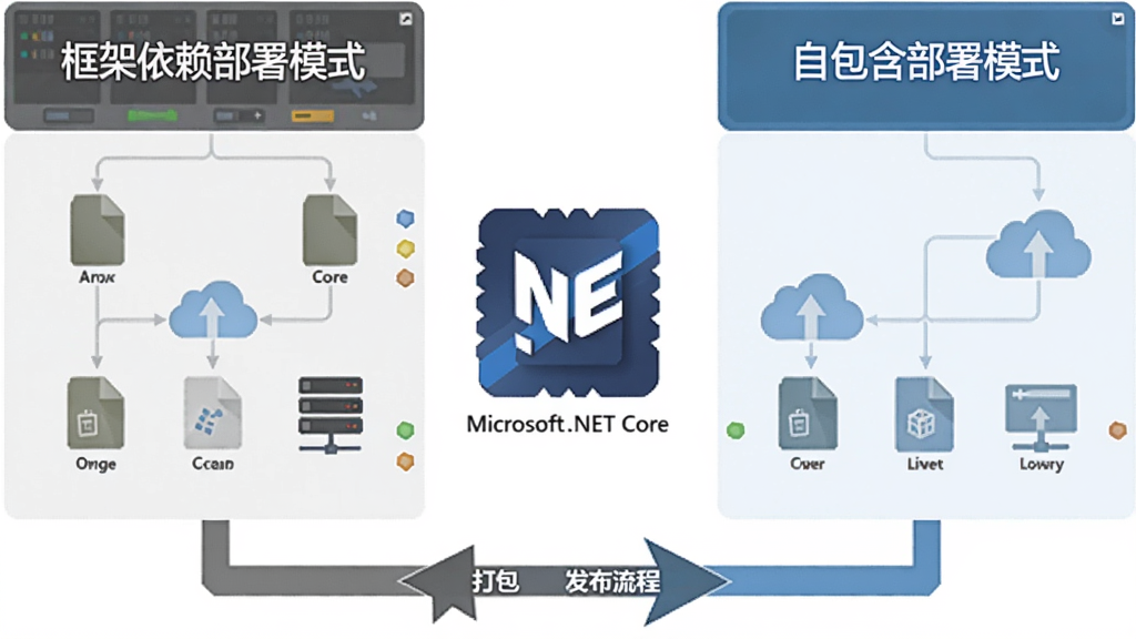 一张展示部署方式的示意图,左侧为框架依赖部署模式,右侧为自包含部署模式,中间是“Microsoft .NET Core”图标,底部有打包和发布流程箭头,布局左右对比,风格简洁商务,细节包含文件图标和云图标,画质干净