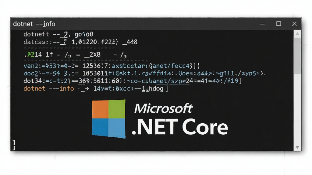 一张使用教程截图风格的插图,画面为命令行窗口输入“dotnet --info”命令,窗口背景黑色,文字白色,前景有“Microsoft .NET Core”图标,布局居中,风格写实,细节包含版本号与路径,画质清晰干净