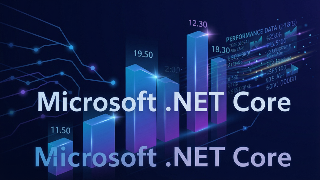 一张性能对比柱状图风格插图,前景为“Microsoft .NET Core”文字,背景为速度线和高性能数据流,主体突出,布局纵向,采用蓝紫渐变色调,风格科技感强,细节包含数值标签与光效,画质清晰干净