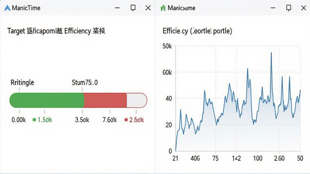 ManicTime软件中目标设定与效率分析功能界面预览,画面分为左右两部分,左侧是目标进度条,右侧是效率曲线图,进度条以绿色和红色区分达标与未达标状态,曲线图以蓝色线条展示效率波动,背景为白色,整体风格简洁,画质清晰,无多余元素