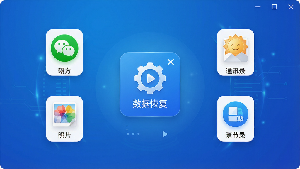 一张展示开心手机恢复大师软件界面的高清图片,界面风格清爽简洁,主界面中央显示“数据恢复”功能图标,周围环绕微信、照片、通讯录等数据类型的图标,背景为渐变的蓝色科技感氛围,布局对称,细节清晰,画质干净无多余元素,整体风格现代且专业。