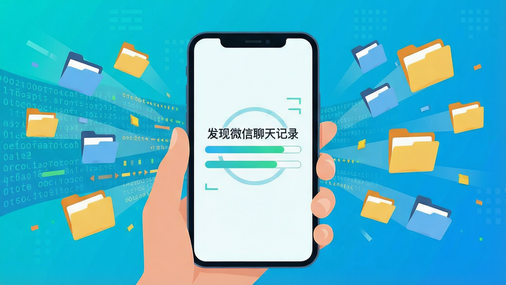 一张动态展示数据扫描过程的示意图,中央是智能手机屏幕,屏幕上显示扫描进度条与“发现微信聊天记录”的提示,背景有数据流和文件夹图标飞入,采用扁平化风格,色彩明亮,布局清晰,细节丰富,画质干净。
