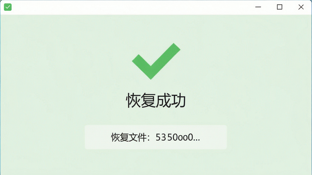 一张展示软件恢复成功后的界面,屏幕上显示“恢复成功”的绿色对勾图标,下方列出恢复的文件数量,背景为淡绿色,布局居中,风格简约,细节清晰,画质干净。