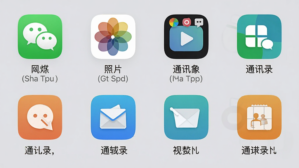 一张展示软件恢复分类的界面截图,屏幕上整齐排列着微信、照片、视频、通讯录等图标,每个图标下方标注数据类型,背景为柔和浅灰色,布局采用网格设计,风格简约,细节清晰,画质干净。