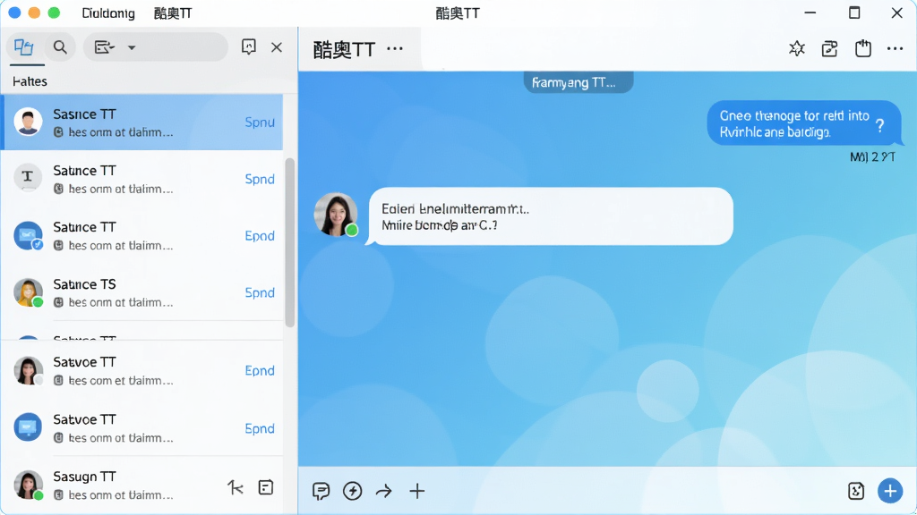 一张展示酷奥TT软件主界面的高清截图,界面布局清晰,左侧为对话列表,右侧为聊天窗口,背景为清新的蓝白渐变色调,整体风格现代简约,突出软件的干净与高效,画质清晰,无多余元素。