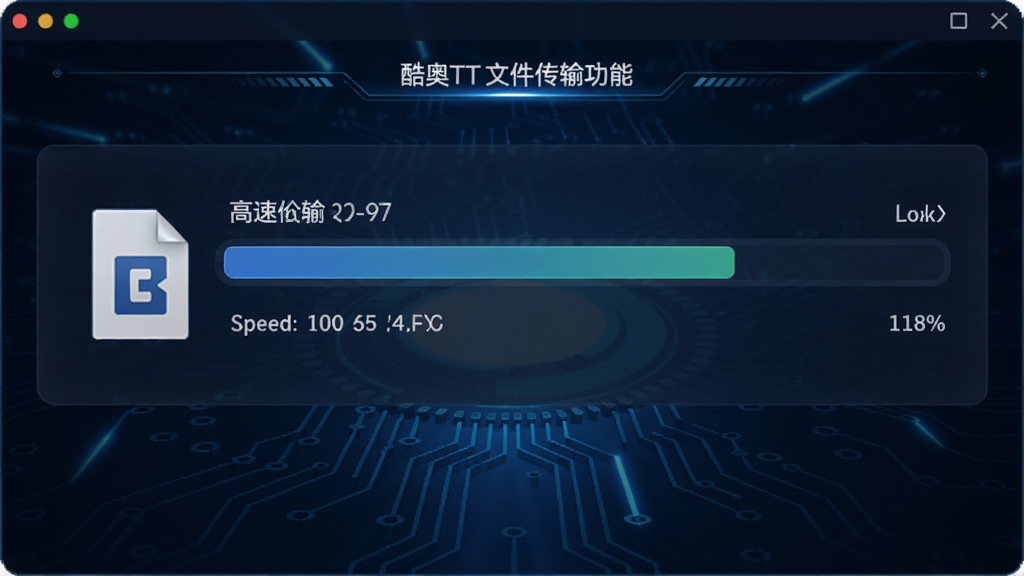 展示酷奥TT文件传输功能的操作界面,一个进度条显示文件正在高速传输,旁边有文件大小、速度等详细数据,背景为科技感十足的深蓝色,元素排列整齐,画质清晰。