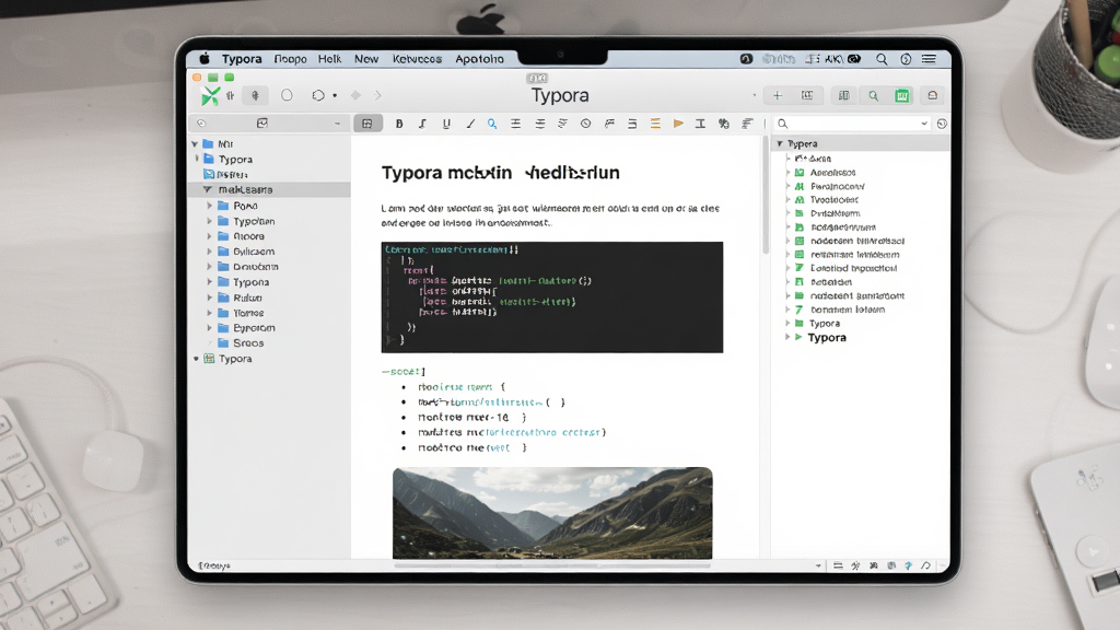 主体:Typora 软件主界面在 MacBook 上的展示,界面显示一篇已排版的 Markdown 文章,左侧是文件树形目录,右侧是文章大纲。布局:居中构图,软件窗口占画面主体,背景是干净的书桌。排版:清晰展示菜单栏、格式工具栏和状态栏,文章内容包含标题、代码块、列表和图片。风格:扁平化设计,界面配色以浅色系为主,搭配绿白相间的 Typora 图标。细节:屏幕中显示“Typora”的英文 Logo,文字清晰可辨,光影柔和自然。画质:4K 高清,干净,无多余元素。
