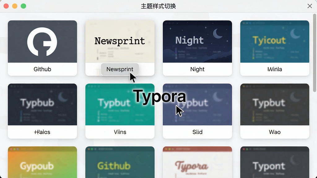 主体:Typora 软件的“主题样式切换”界面,展示多种不同配色的主题缩略图。布局:平铺式布局,每个主题卡片均匀排列。排版:卡片下方标注主题名称,如 “Github”、“Newsprint”、“Night” 等。风格:明亮整洁的界面风格,色彩鲜艳。细节:鼠标指针悬停在其中一个主题上,画面中心有“Typora”字样。画质:清晰锐利,干净,无多余元素。