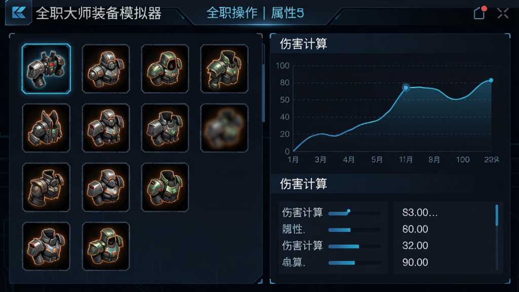 全职大师装备模拟器操作界面,主体为装备栏位与属性面板,左侧装备图标,右侧数值折线图,布局直观,风格科技感,细节显示“伤害计算”结果,画质高清,界面干净