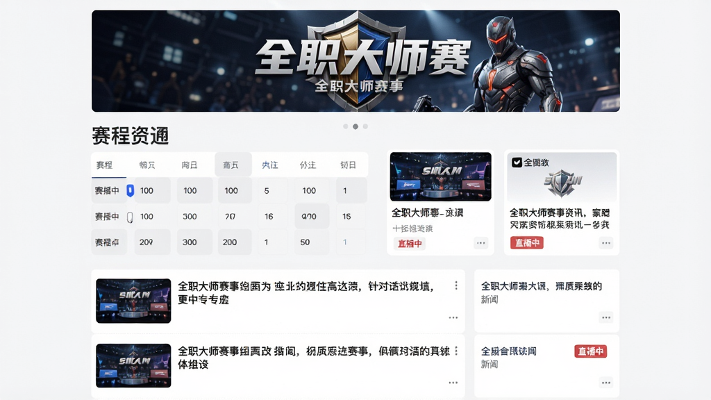 全职大师赛事资讯页面,主体为赛程表与新闻卡片,顶部横幅显示赛事海报,下方列表展示新闻标题,布局简洁,风格商务,细节包含“直播中”标签,画质清晰,无多余装饰