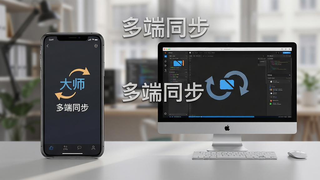 全职大师使用场景示意图,主体为手机与电脑并排展示软件界面,布局对称,风格写实,细节显示“多端同步”字样,画质清晰,背景虚化