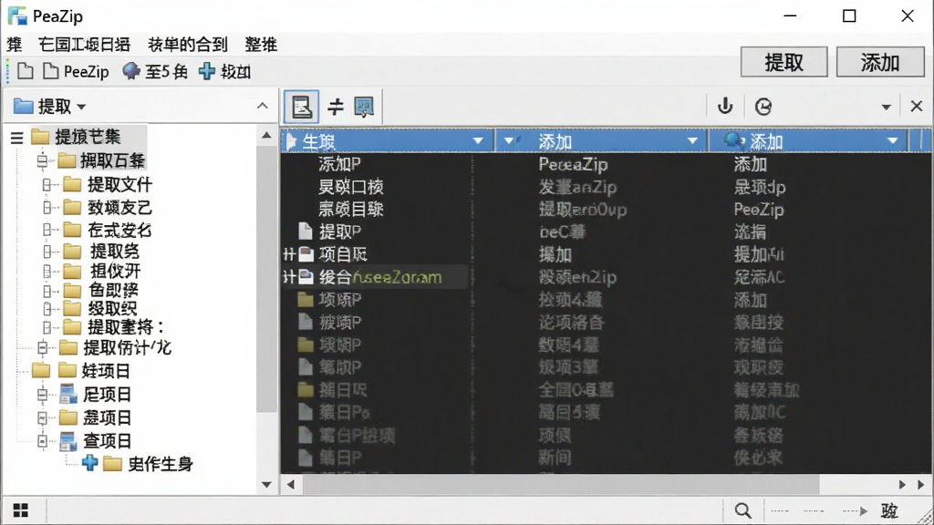 一张电脑桌面截图,屏幕上打开 PeaZip 软件主界面,界面左侧是文件夹树,右侧是文件列表,顶部有“提取”和“添加”按钮,风格写实,布局清晰,细节显示软件的中文菜单,画质高清,干净无多余元素