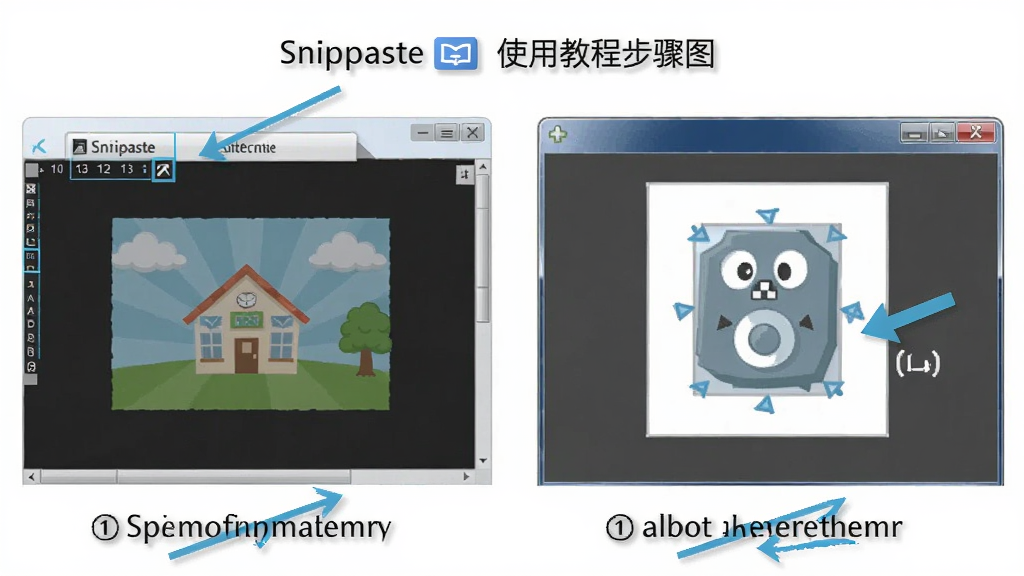 Snipaste 使用教程步骤图,展示从截图到贴图再到标注的完整流程,界面清晰,风格教学,画质高清,干净无多余元素
