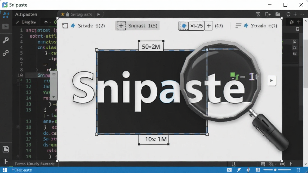 Snipaste 截图过程演示,鼠标框选区域,显示尺寸和放大镜辅助,背景为代码编辑器,界面简洁,风格专业,画质清晰,突出“Snipaste”品牌名称