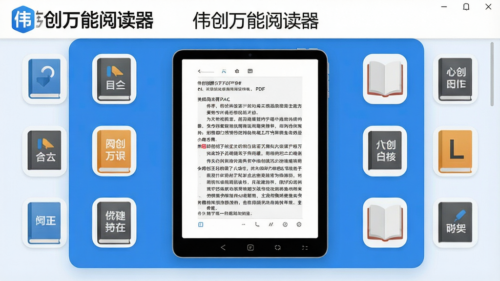 一张展示伟创万能阅读器主界面的高清图片,画面中央是打开的PDF文档,周围环绕着各种格式的电子书图标,界面布局整洁,现代扁平化设计风格,色调以蓝色和白色为主,画面干净,无多余元素,突出软件名称“伟创万能阅读器”的Logo,画质清晰细腻。