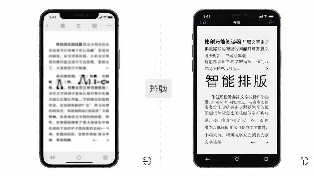 一张对比图,左侧是普通阅读器在手机上显示PDF的模糊小字效果,右侧是伟创万能阅读器开启文字重排后的清晰大屏效果,画面采用分屏布局,风格简洁直观,突出“智能排版”的优势,画质干净,无多余元素。