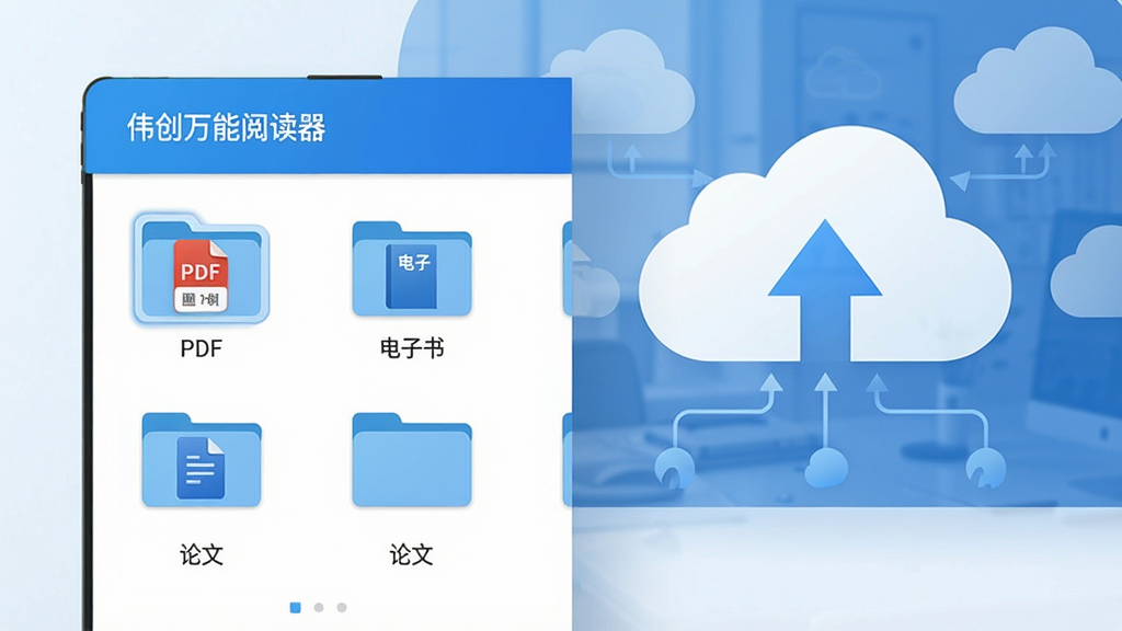 一张展示伟创万能阅读器文件管理界面的图片,界面上有清晰的分类文件夹,如“PDF”、“电子书”、“论文”等,背景是同步云端的示意图,风格简约商务,蓝白配色,画面干净,无多余元素,突出“高效管理”功能。