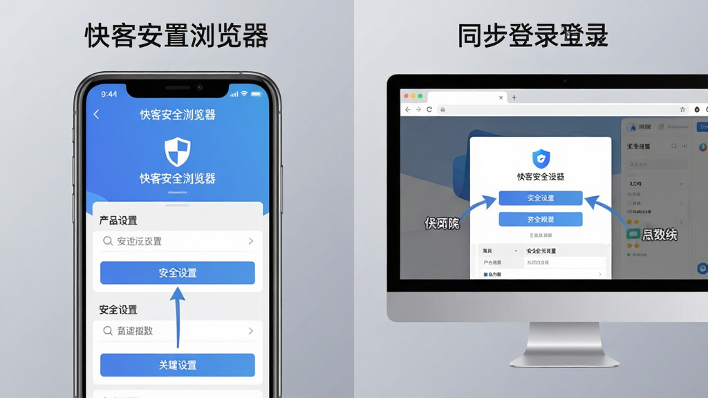 一幅分屏对比插图,左侧是手机端“快客安全浏览器”的安全设置界面,右侧是电脑端浏览器的同步登录界面,画面清晰标注了关键功能按钮,背景为柔和的渐变灰色,构图平衡,画质干净,无多余元素