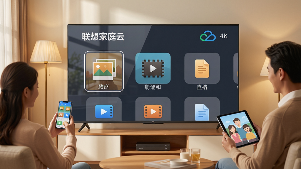 主体:联想家庭云软件界面在智能电视上展示,背景为温馨的家庭客厅场景,电视屏幕显示