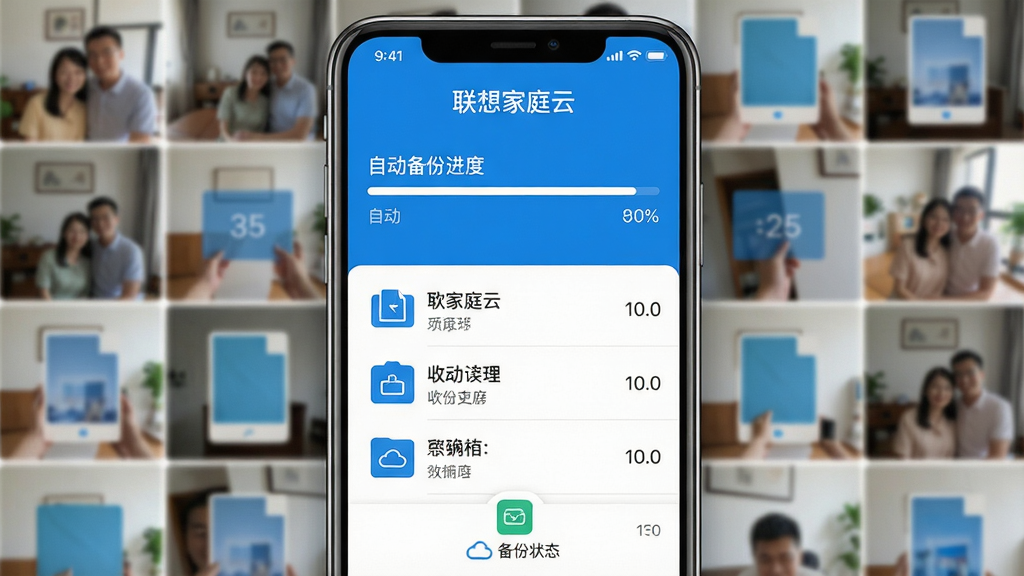 主体:联想家庭云软件在手机上的备份界面,显示自动备份进度条,背景为手机相册缩略图;布局:手机屏幕居中,界面简洁,上方有