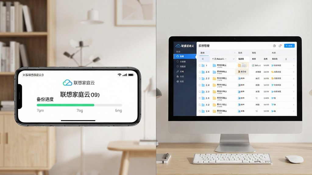 主体:联想家庭云软件在手机和电脑上同步使用的场景,手机横放显示备份进度,电脑屏幕显示管理界面;布局:左右分屏,左侧手机,右侧电脑;排版:界面元素清晰,进度条可见;风格:实用科技风,背景为简约书房;细节:手机屏幕有