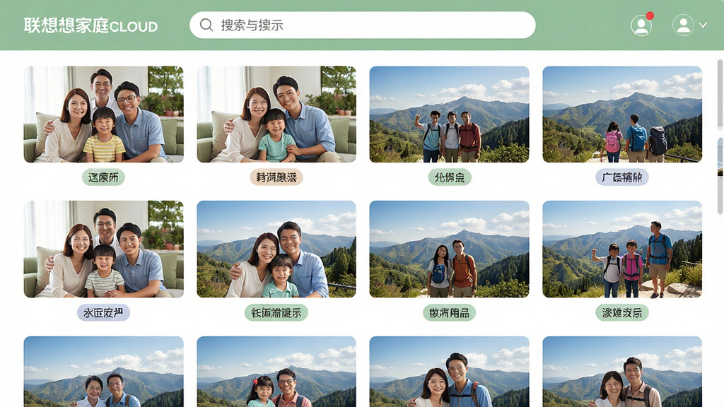 主体:联想家庭云软件相册界面,展示按人物分类的照片墙,每张照片下有标签;布局:照片网格排列,顶部搜索框;排版:网格整齐,标签清晰;风格:清新自然,色彩柔和;细节:照片内容为家庭合影、旅行风景;画质:超清,干净,无多余元素