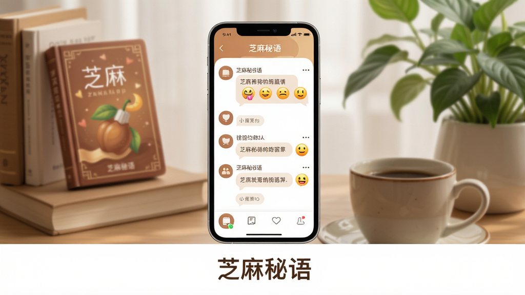 主体:芝麻秘语App界面展示,手机屏幕显示阅读界面与社区互动元素,背景有书籍、咖啡杯、绿植等温馨元素。布局:手机居中,屏幕内容清晰可见,周围留白,下方有“芝麻秘语”字样。排版:简洁现代,界面图标圆润,色彩以暖色调为主。风格:清新自然,生活化。细节:书籍封面精美,社区动态气泡,表情符号。画质:高清,干净,无多余元素。