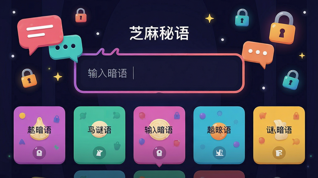 主体:芝麻秘语App的暗语社区界面,显示暗语输入框和谜题卡片,背景有对话气泡和锁头图标。布局:界面居中,暗语输入框醒目,谜题卡片排列整齐。排版:卡片式设计,色彩鲜艳。风格:活泼,神秘感。细节:暗语提示文字,输入框内“输入暗语”字样。画质:高清,干净,无多余元素。