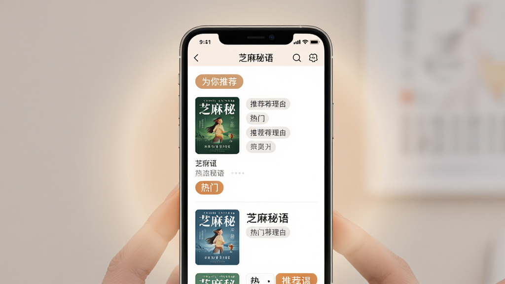 主体:手机屏幕展示芝麻秘语App的推荐页面,展示多本图书封面和推荐理由标签。布局:手机居中,屏幕内容清晰,周围有柔和光效。排版:列表式布局,封面图大小统一,推荐理由简短。风格:现代简约,配色柔和。细节:图书封面多样,有“为你推荐”、“热门”等标签。画质:高清,干净,无多余元素。