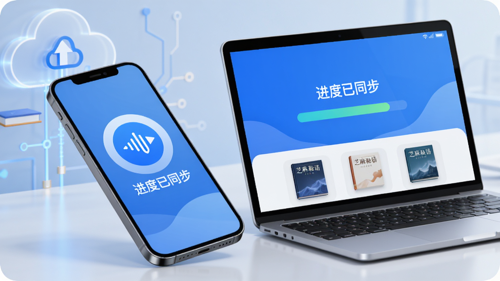 主体:手机和电脑并排展示芝麻秘语App的同步功能,屏幕上显示“进度已同步”提示。布局:手机和电脑斜放,屏幕相对。排版:简洁,突出同步图标。风格:科技感,蓝色调。细节:云端图标,书籍封面缩略图。画质:高清,干净,无多余元素。
