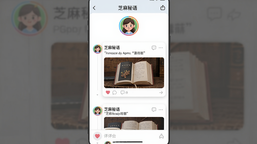 主体:芝麻秘语App的社交互动界面,显示用户头像、动态卡片和评论区域。布局:界面居中,动态卡片纵向排列,头像圆形。排版:信息流式,文字和图片结合。风格:社交网络风格,色彩明快。细节:点赞、评论图标,动态内容有书籍引用。画质:高清,干净,无多余元素。