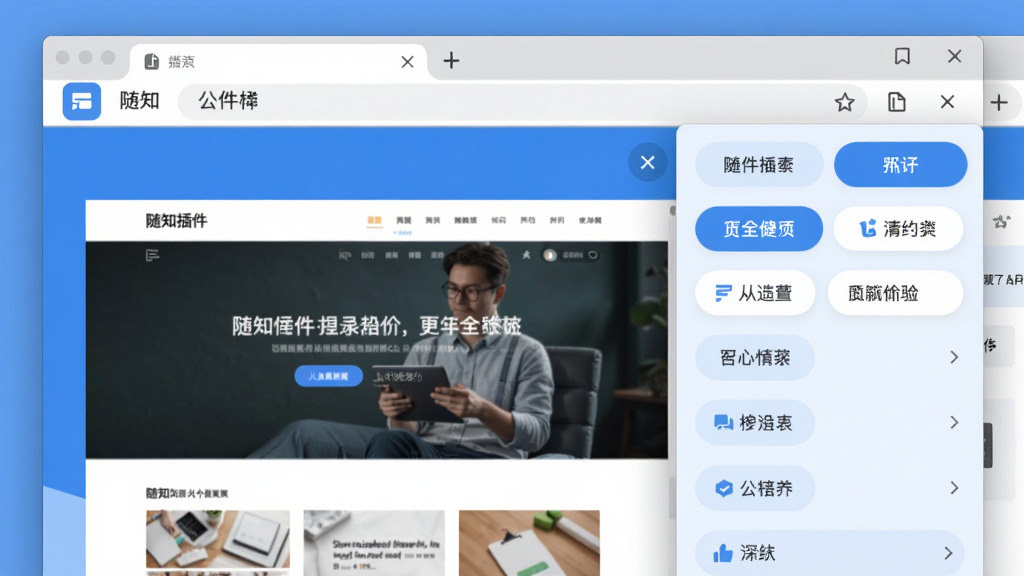 随知插件主界面预览图,展示插件在浏览器工具栏中的图标,点击后弹出功能面板,左侧为网页内容缩略图,右侧为分类标签列表,整体界面简洁明亮,采用蓝白配色,现代扁平化设计风格,布局清晰,细节精致,高画质,干净无多余元素