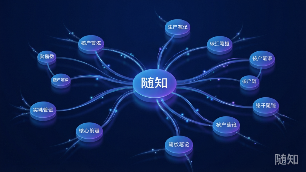主体:展示“随知”软件内部笔记之间双向链接关系的网络图谱。布局:中心为一个核心笔记节点,周围分布着多个子节点,节点间用曲线连接,形成一个复杂的网状结构。风格:科技感立体风格,背景为深蓝色,节点和线条使用渐变蓝紫色发光效果。细节:每个节点上都有笔记标题文字,线条有流动光效,右下角有“随知”水印。画质:高清晰度,光影效果逼真,无多余元素。