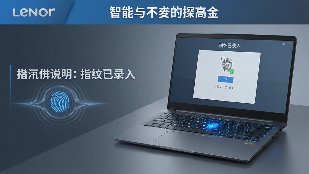 主体:一台联想笔记本电脑特写,屏幕上显示指纹识别设置界面,键盘区域有指纹传感器亮起蓝光;布局:电脑位于画面中央偏右,左侧留有文字区域,整体重心平稳;排版:采用产品展示海报风格,标题栏位于上方,下方为设备主体与操作说明;风格:现代科技感,蓝灰主色调,光影层次分明,突出安全与智能氛围;细节:指纹传感器处有细微的波纹光效,屏幕界面显示“指纹已录入”字样,键盘背光亮起;画质:8K超高清,干净,无多余元素