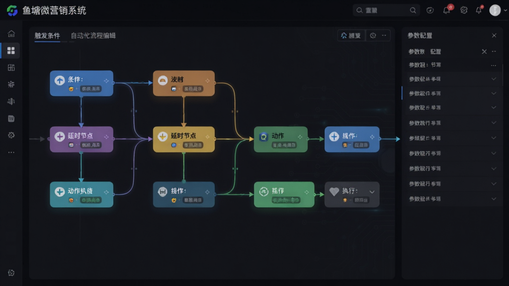 主题为“鱼塘微营销系统”自动化流程编辑器的截图预览,主体是流程图式的SOP设置画布,包含触发条件、延时节点、动作执行等模块。布局为从左到右的逻辑连线,节点颜色鲜艳。排版上,右侧有参数配置抽屉。风格为现代科技感深色UI,细节体现节点间的动态连线光效,画质锐利,界面干净整洁。