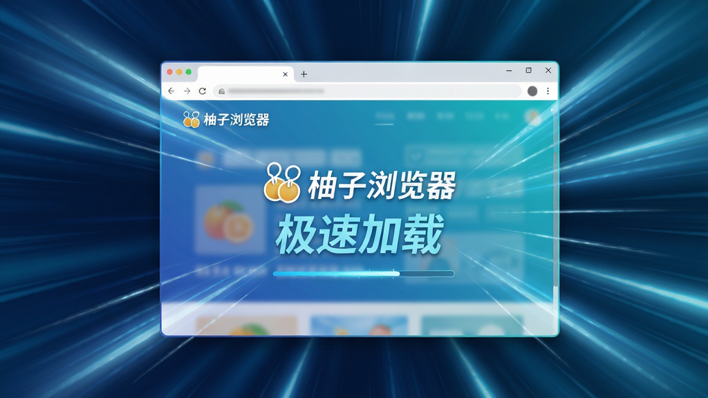 主体:柚子浏览器极速加载的视觉表现,画面中一个网页从模糊到清晰的加载过程,使用动态模糊线条表示速度,背景有速度感的光效。布局:中央是浏览器窗口,窗口内网页内容呈半透明状,周围有光线拖尾效果。排版:网页内容显示“柚子浏览器”的Logo和“极速加载”字样。风格:科技感,蓝色和青色渐变,动感十足。细节:光线从窗口边缘向中心汇聚,体现高速,画面干净无多余元素。画质:高清,动态效果清晰,无多余元素。