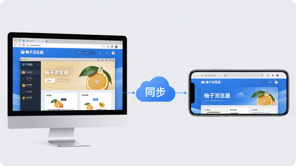 主体:柚子浏览器在电脑和手机上的使用场景,左边是电脑屏幕显示浏览器界面,右边是手机横屏显示浏览器界面,两者通过云图标连接。布局:左右对称,中间有云朵图标,背景为浅灰色。排版:电脑和手机屏幕中都有“柚子浏览器”的界面,但尺寸不同。风格:清新商务,蓝色调。细节:云朵图标上标有“同步”字样,画面干净,无多余元素。画质:高清,光线柔和,无多余元素。