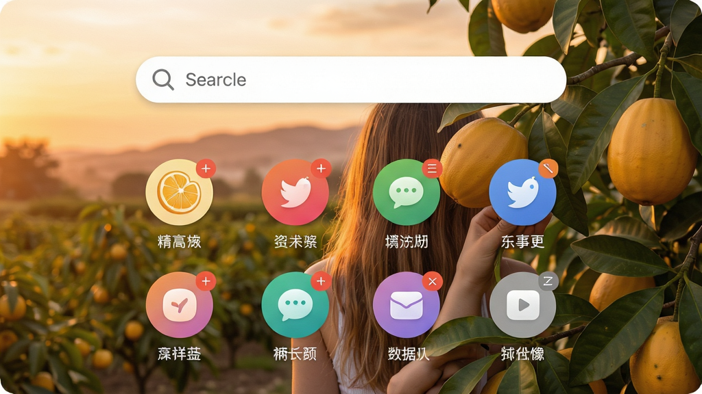 主体:柚子浏览器的新标签页自定义界面,背景是一张用户上传的风景图片,页面中央有搜索框,下方是用户自定义的快捷图标,每个图标下方有名称标签。布局:背景全屏显示,搜索框位于上部,快捷图标呈网格状排列在下方。排版:搜索框为圆角设计,快捷图标为圆形,颜色各异。风格:清新自然,背景为暖色调,整体和谐。细节:图标上有小角标提示未读消息,画面干净,无多余元素。画质:高清,色彩丰富,细节清晰,无多余元素。