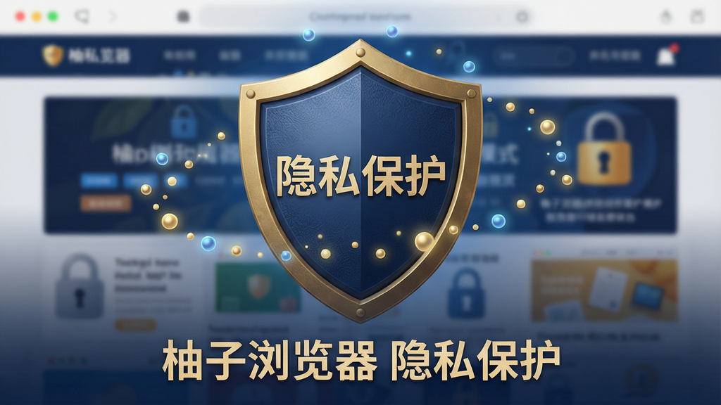 主体:柚子浏览器隐私保护模式的示意,画面中一个盾牌图标位于中央,盾牌上刻有“隐私保护”字样,背景是模糊的网页痕迹和锁头图案。布局:盾牌居中,周围环绕着代表数据的小圆点,正在被盾牌吸收。排版:盾牌下方有文字“柚子浏览器 隐私保护”。风格:安全、沉稳,以深蓝色和金色为主色调。细节:盾牌上的纹理清晰,小圆点带有发光效果,整体画面干净,无多余元素。画质:高清,光影效果细腻,干净无多余元素。