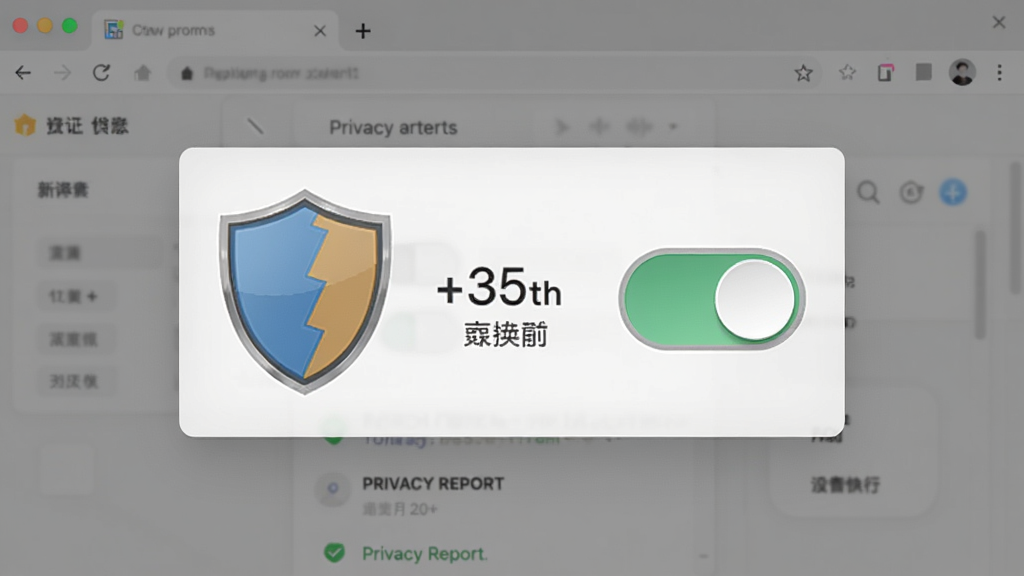 主体为盾牌图标与广告拦截开关界面,背景为浏览器窗口,布局居中,排版简洁,风格写实,细节显示拦截计数与隐私报告,画质高清,干净无多余元素