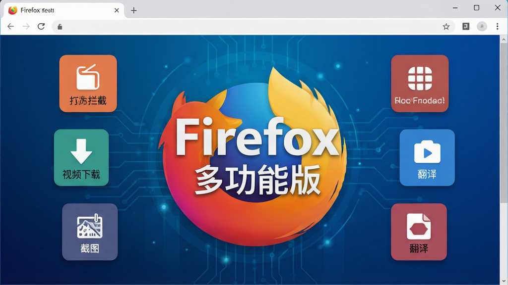 主体为现代简约风格浏览器界面,屏幕中央显示“Firefox 多功能版”字样,周围环绕广告拦截、视频下载、翻译、截图等彩色功能图标,背景为科技蓝渐变,布局对称,排版清晰,风格扁平化,细节丰富,画质高清,干净无多余元素