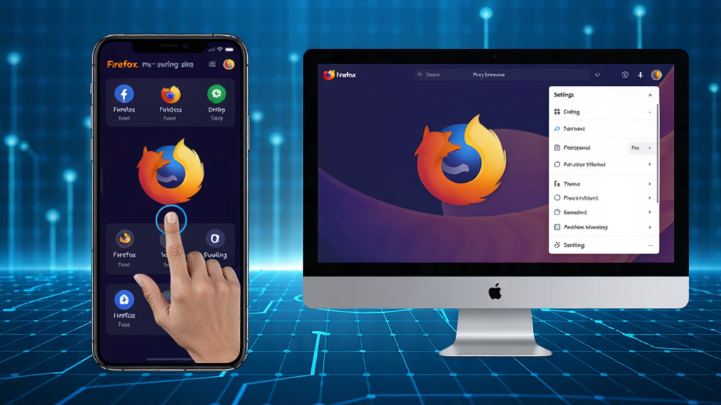 主体为智能手机与电脑并排显示Firefox多功能版界面,背景为蓝色科技网格,布局左右对比,排版清晰,风格现代,细节显示手势操作与设置菜单,画质高清,干净无多余元素